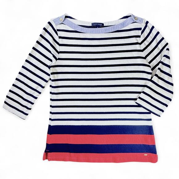Tommy Hilfiger Striped Boat Neck Top Breton M Nautical Preppy Chambray Navy Red - Picture 2 of 10